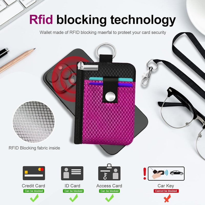 CCUMI Minimalist RFID Blocking Small Wallet with ID Window,WaterResistant Zip Id Case Wallet with Lanyard Keychain for Cards,Cash,Travel,Women,Men (Purplish Red/Black) - Image 4
